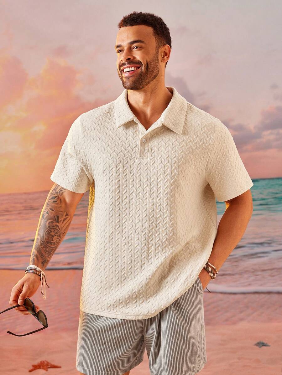 EASEVO Camisa polo de punto de manga corta y corte holgado en color beige para hombres de talla grande