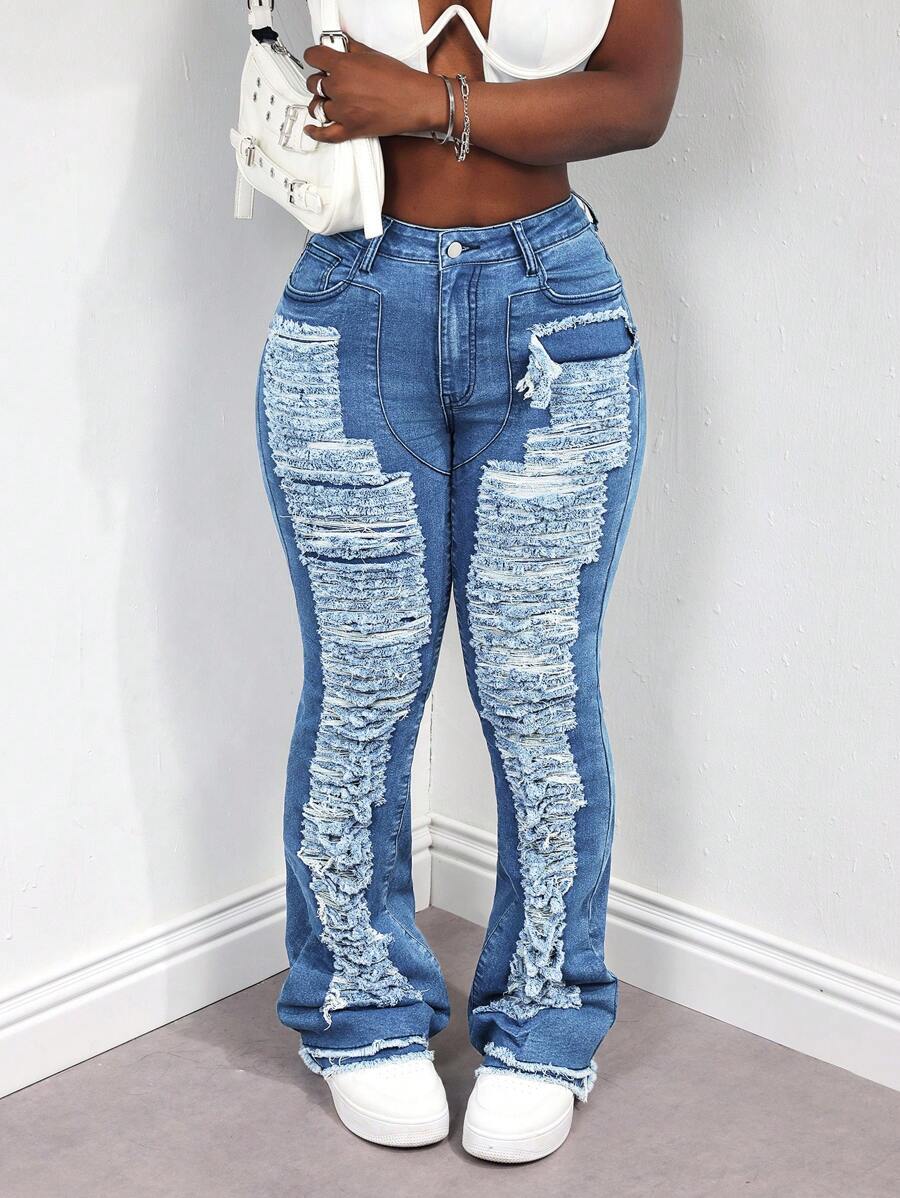 SHEIN Slayr Women's Side Pocket Flared Distressed Denim Jeans