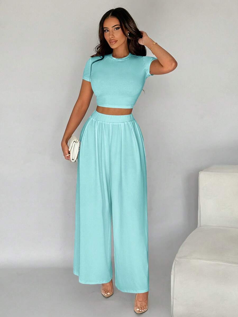 SHEIN SXY 2 Stücke/Set Damen einfarbiges Rundhals Kurzarm T-Shirt und Hose Lässig Outfit