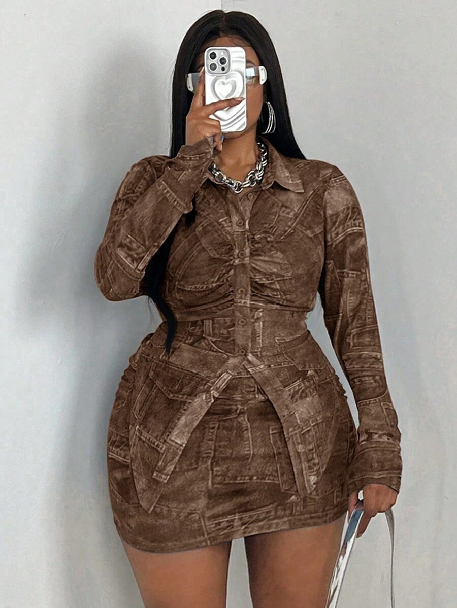 Maweii Ensemble 2 pièces en tricot à effet denim froissé grande taille