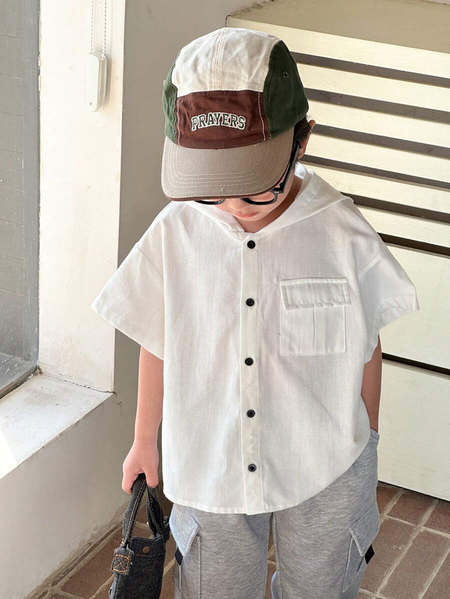 SHEIN 1pc Young Boys' Casual College Style White Oversized Dropped Shoulder Loose Short Sleeve Shirt, Versatile For Outdoor, School, Holiday Gatherings, Home, Travel, Suitable For Spring/Summer