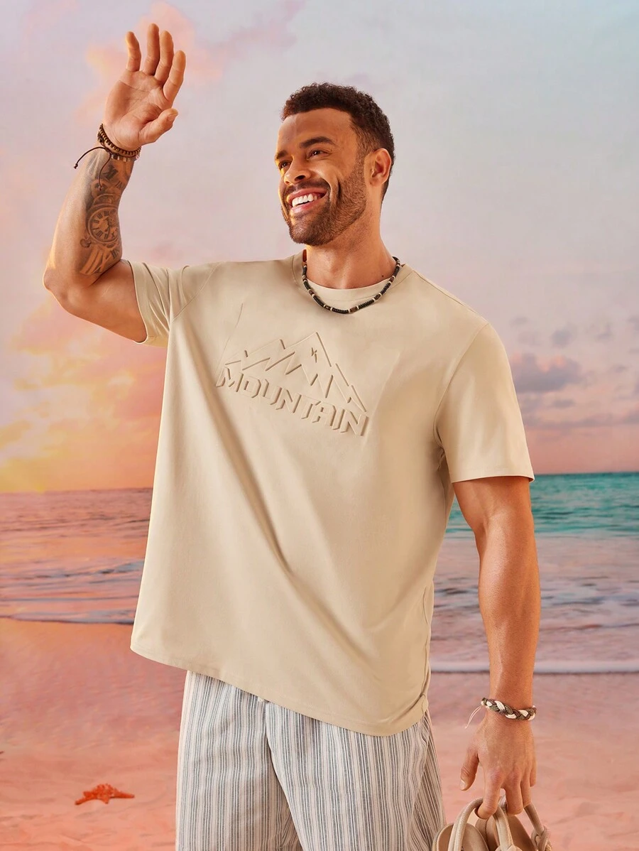 EASEVO Camiseta de punto de manga corta con cuello redondo y estampado de letra en relieve para hombres de talla grande