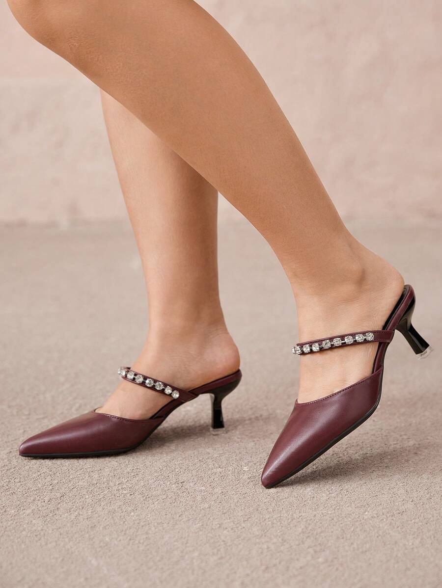 CUCCOO CURVES Plus Size Brede Versie Puntige Neus Bordeaux Stiletto Muiltjes, Elegante Hoge Hakken, Open Hak, Geschikt Voor Alle Seizoenen Valentijnsdag