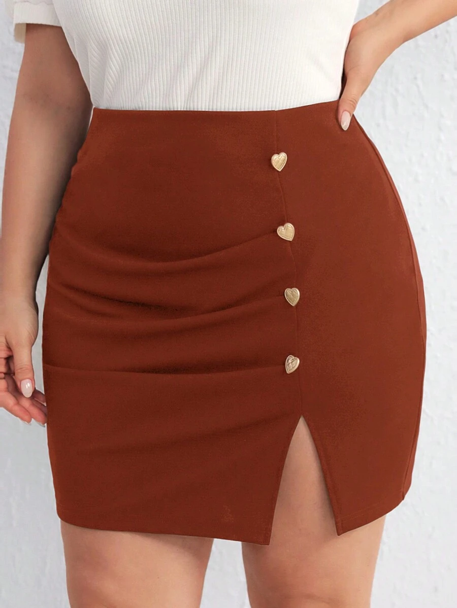 SHEIN Privé Jupe moulante avec fente, ornée de cœurs, de couleur unie, pour grande taille, style décontracté