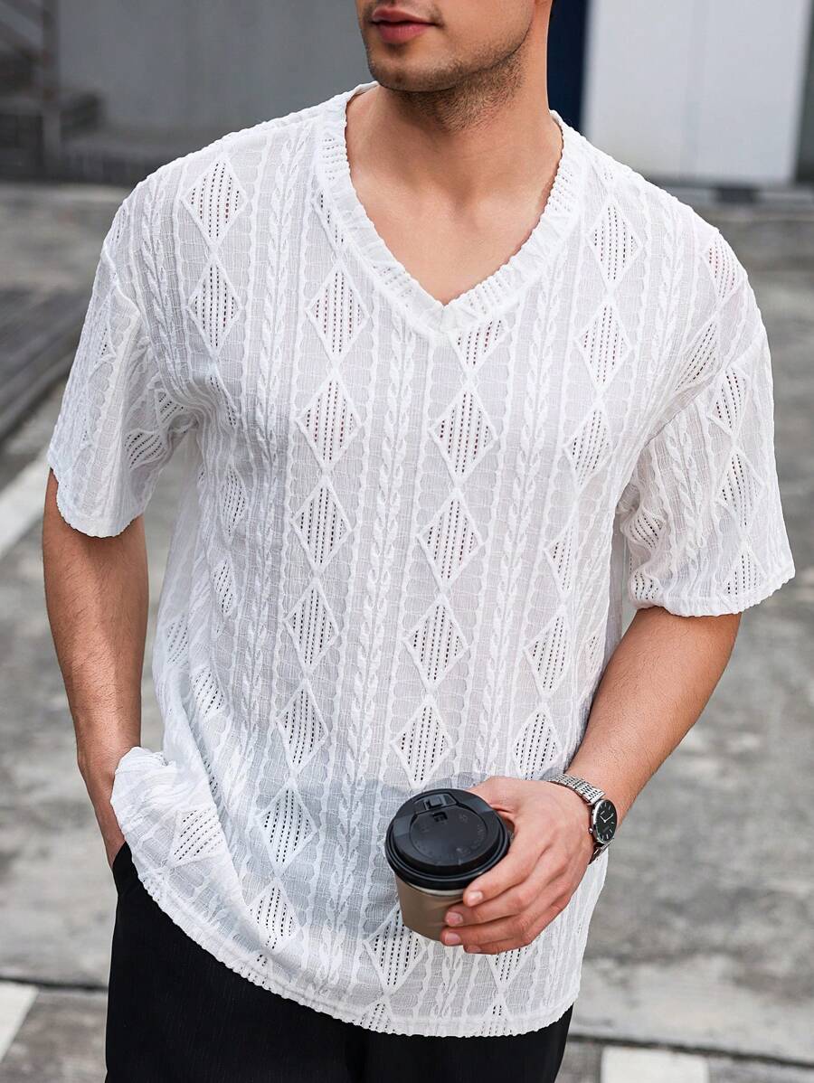 Manfinity CasualCool Camiseta de manga corta de hombre informal y versátil en color liso con textura