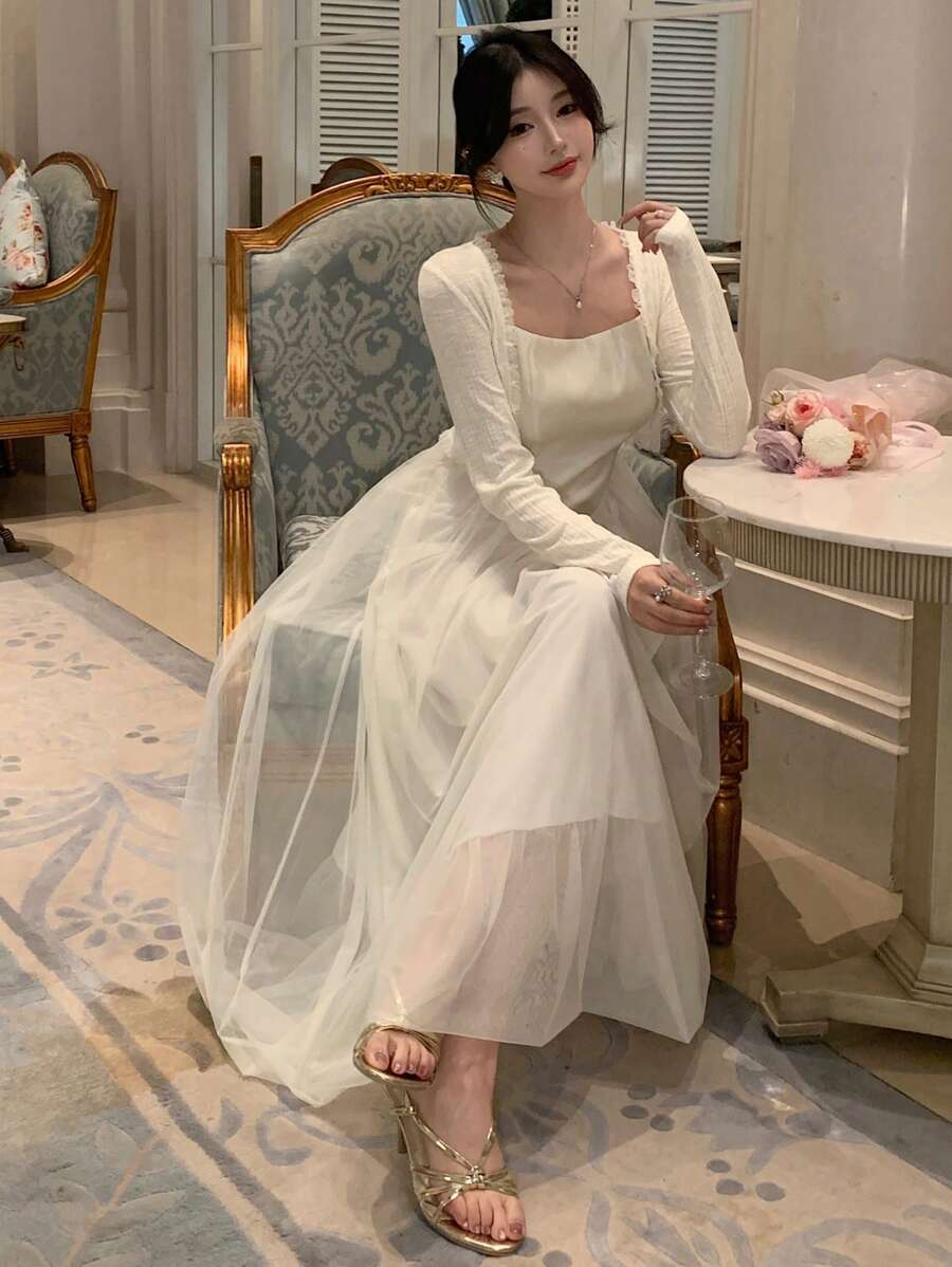 DAZY 2pcs Women Casual Net Mesh Patchwork Coat And Wedding Dress Set, Minimalist Elegant Fashion For Everyday Wear