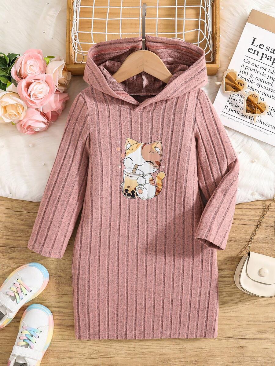 Girl's Cat Pattern Hooded Knit Dress