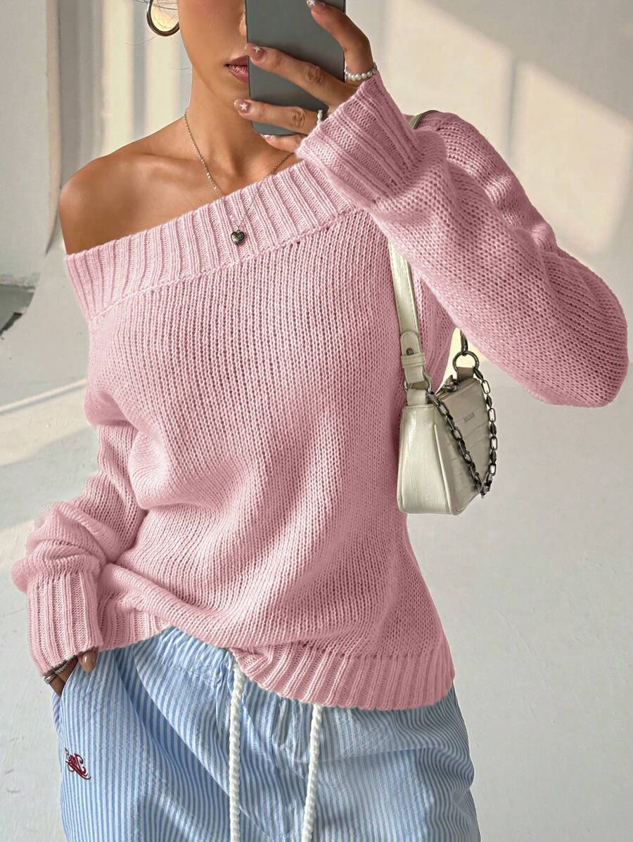 Flirla Women Oblique Shoulder Asymmetrical Neck Dual-Wear Solid Color Long Sleeve Sweater, Autumn/Winter