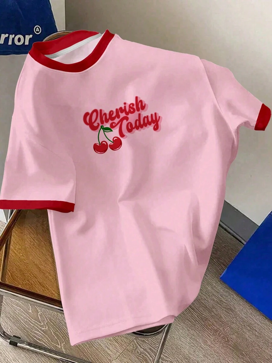 Manfinity Joysei Camiseta casual de manga corta con cuello redondo y estampado de letras de cereza de verano para hombres