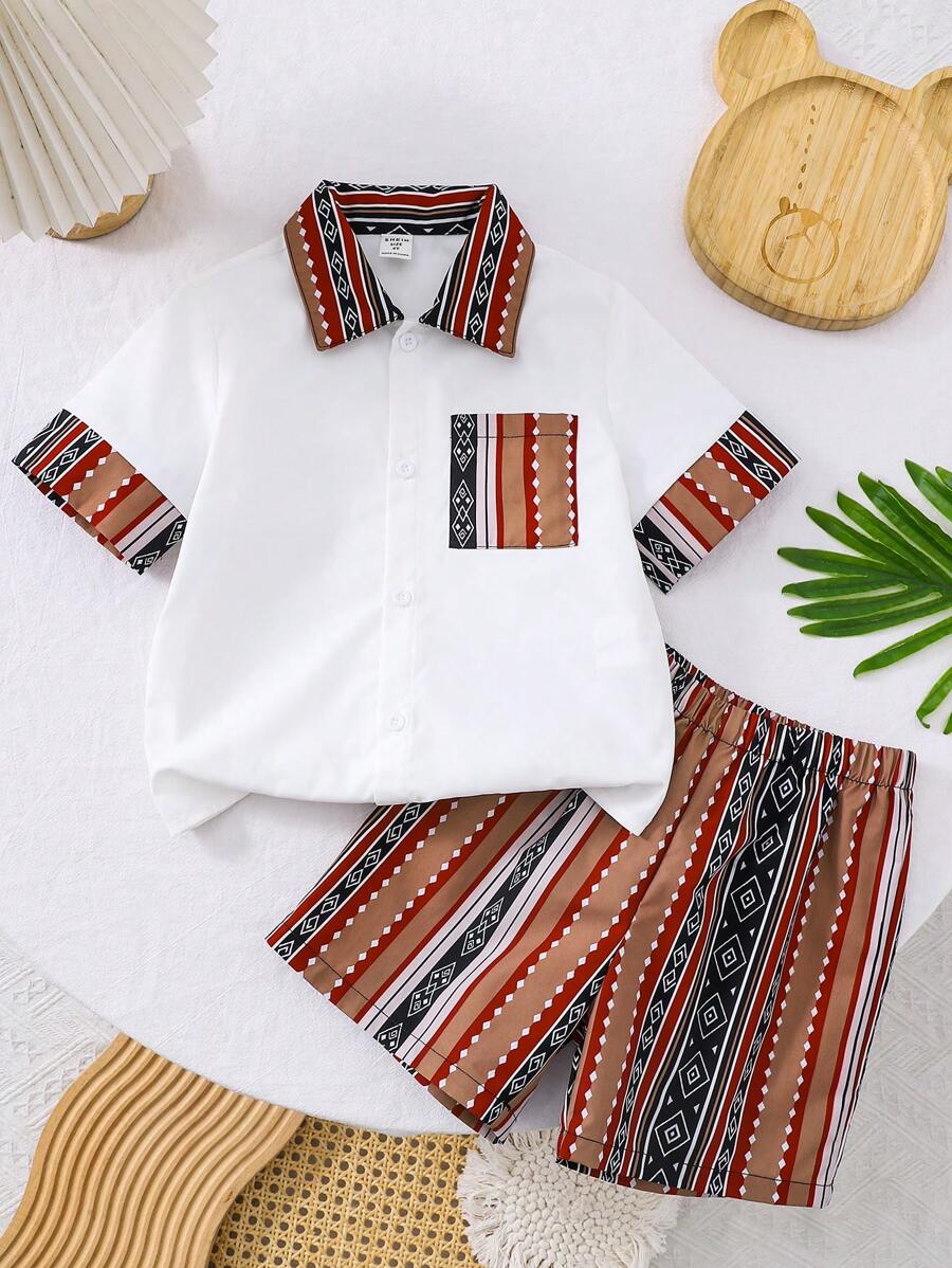 SHEIN 2pcs/Set Young Boy Loose Casual Simple Comfortable Versatile Pattern Patchwork Polo Collar Shirt And Pants Set