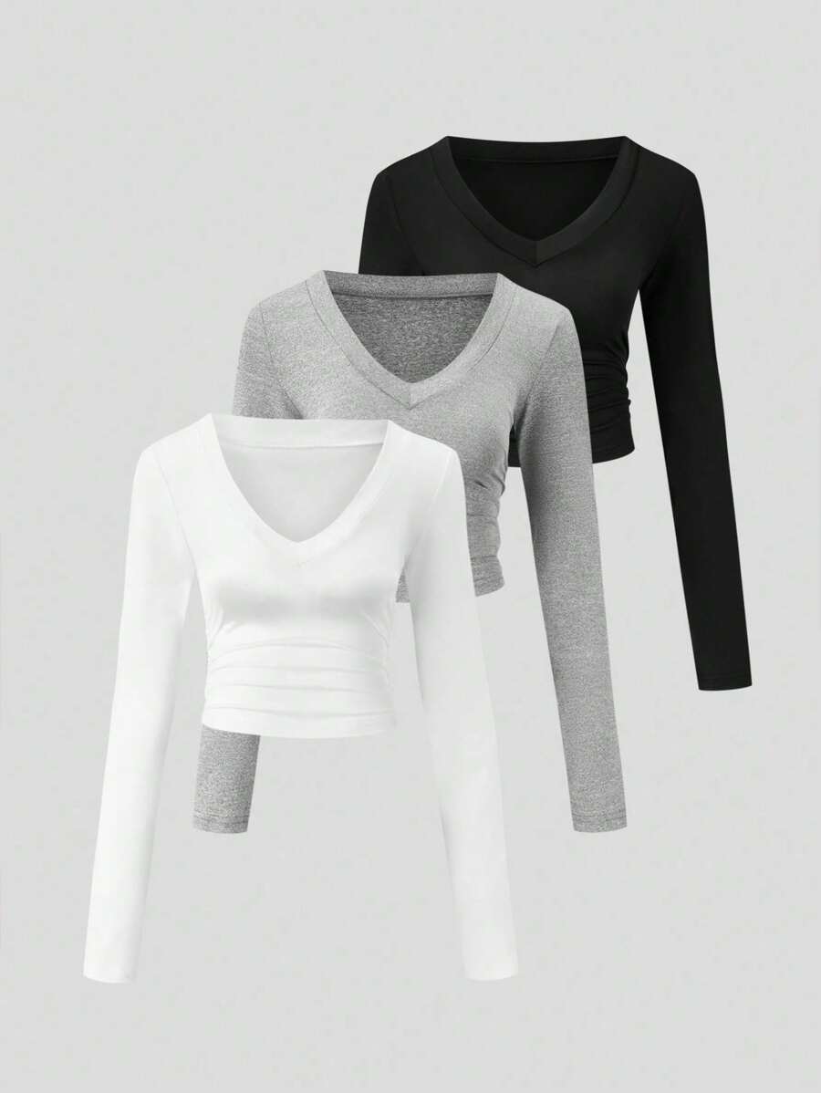 Flirla Women's Solid Color V-Neck Long Sleeve Three-Piece Set T-Shirt
