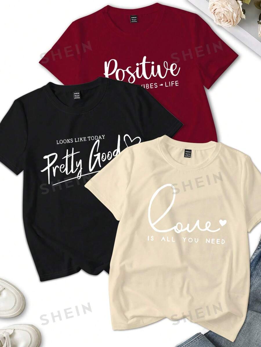 INAWLY Set de 3 camisetas de manga corta y cuello redondo con gráficos de letras en inglés y corazones, tops informales de verano para mujer
