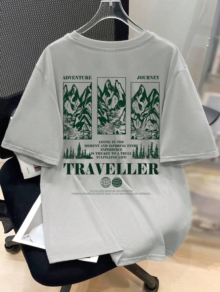 SHEIN Camiseta de manga corta y cuello redondo con estampado de paisaje de montaña y bosque inglés para adolescentes varones de uso casual