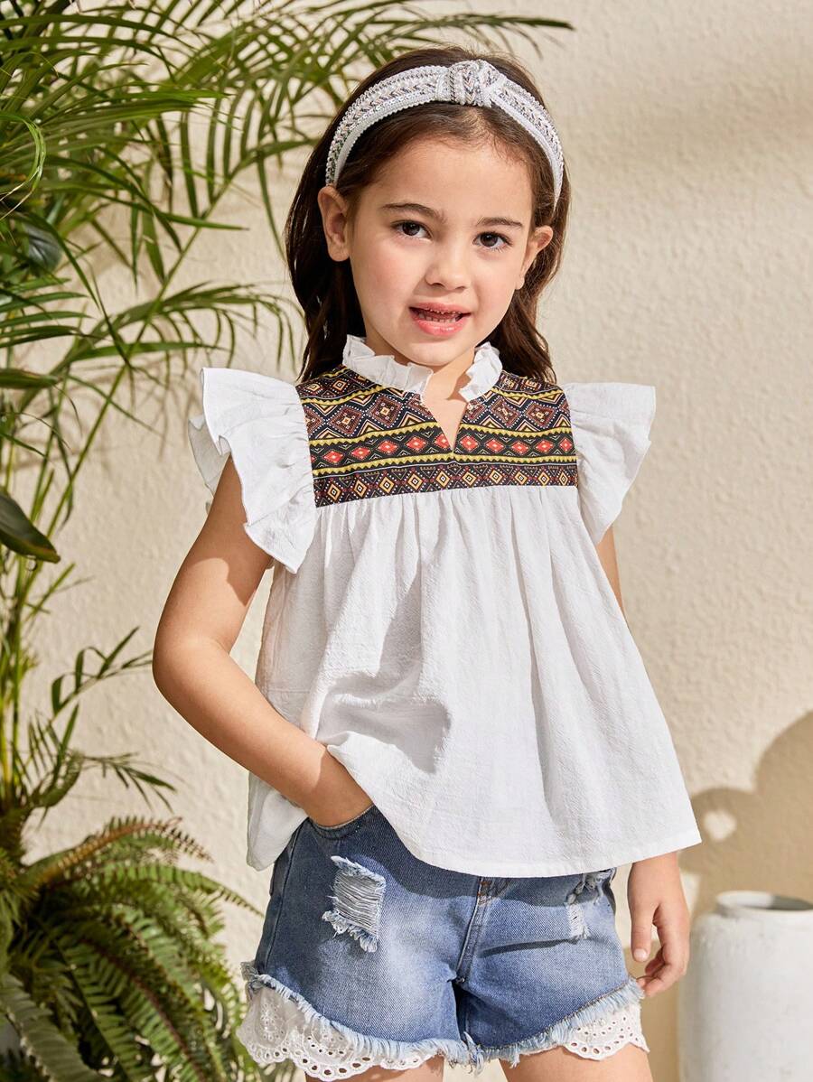 Jong meisje Ditsy Floral Stand Collar Volant Zoom Getailleerd Shirt