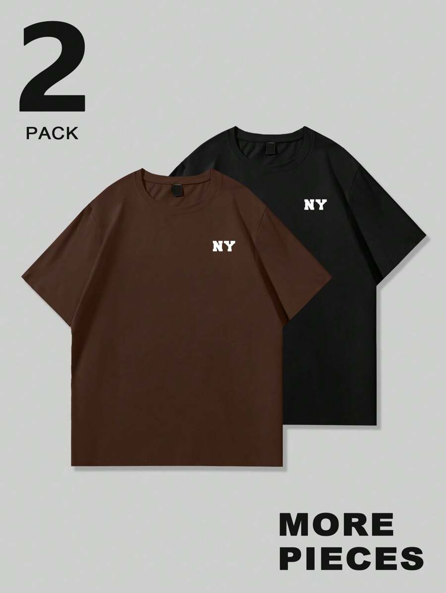 Manfinity Homme Men's 2 Pieces Set Of Fitted Casual Short-Sleeved Round Neck T-Shirts, 2 Pieces Short-Sleeved T-Shirt Set In Different Colors, Simple Letter Slogan Printed Round Neck T-Shirts, Men's Two-Piece Casual Commuting Outfit, Daily Casual Wear For Commuting, Boyfriend Gift.