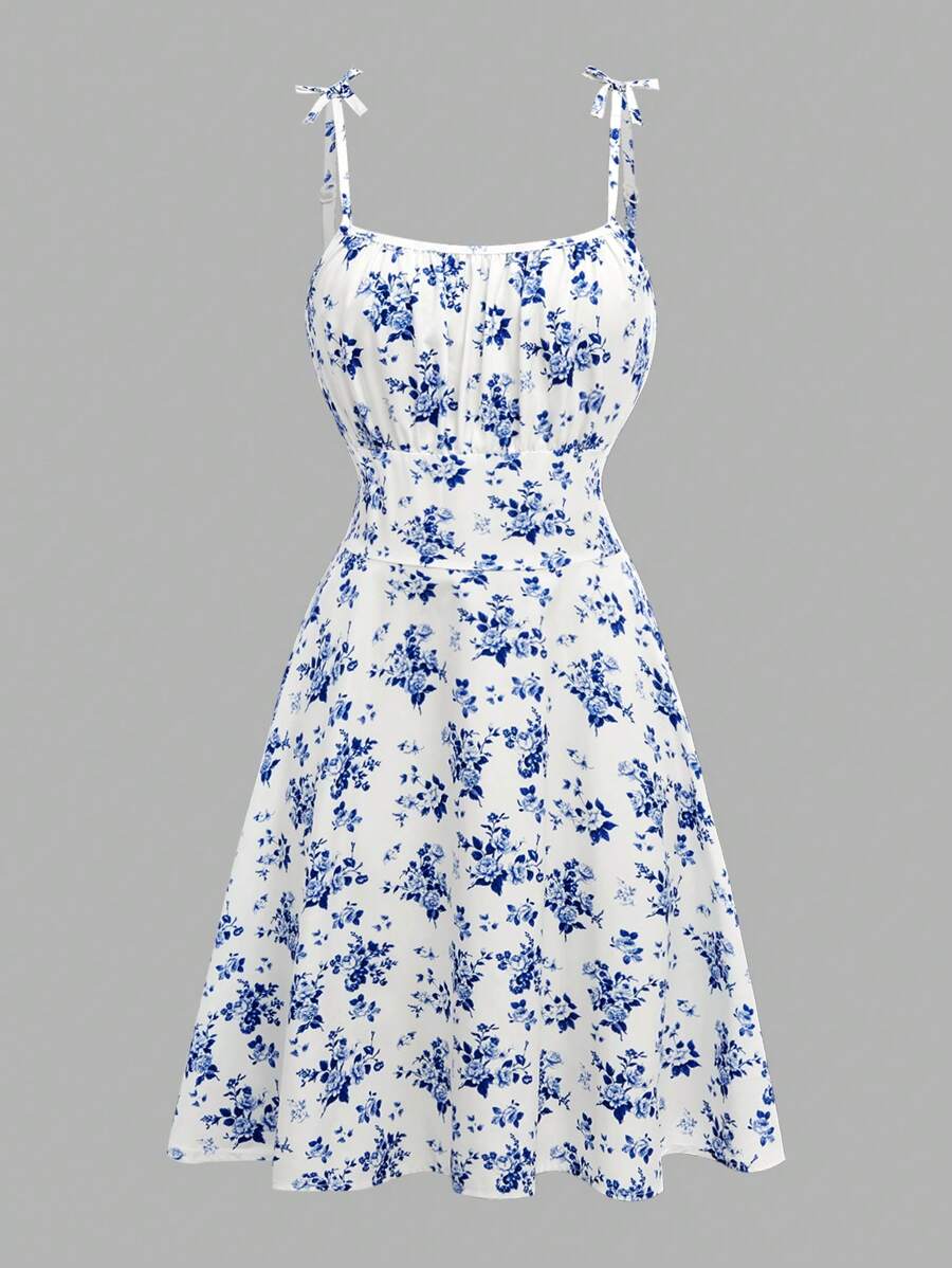 Lunivi Teenage (Girls) Dress, Adjustable Spaghetti Strap, Bow Decor, Blue & White Floral Print, Pleated Camisole Short Swing Dress, Suitable For Summer,Holiday,Summer,Travel