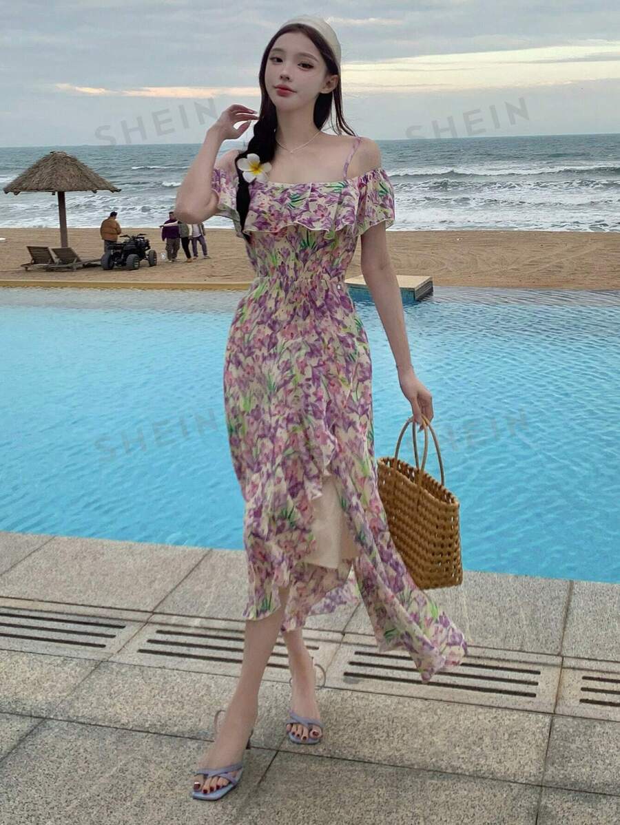 DAZY Vestido de verano de tirantes caídos con volantes y estampado floral pequeño para vacaciones informales, vestido de cuello barco tipo corset para el sol