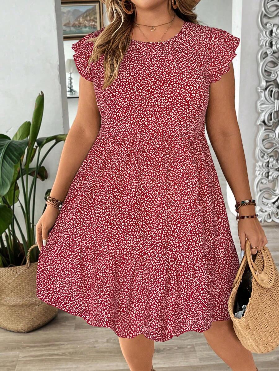 SHEIN VCAY Plus Size Luipaard Print Cap Sleeve Casual Jurk