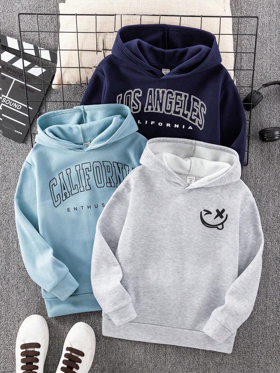 Set de 3 sudaderas con capucha de manga larga con estampado gráfico y de letras en estilo casual y de moda para niños/preadolescentes, 2 + 1 gratis, apropiadas para ir al trabajo, la escuela, el día a día, las vacaciones, los deportes, primavera, verano, otoño e invierno