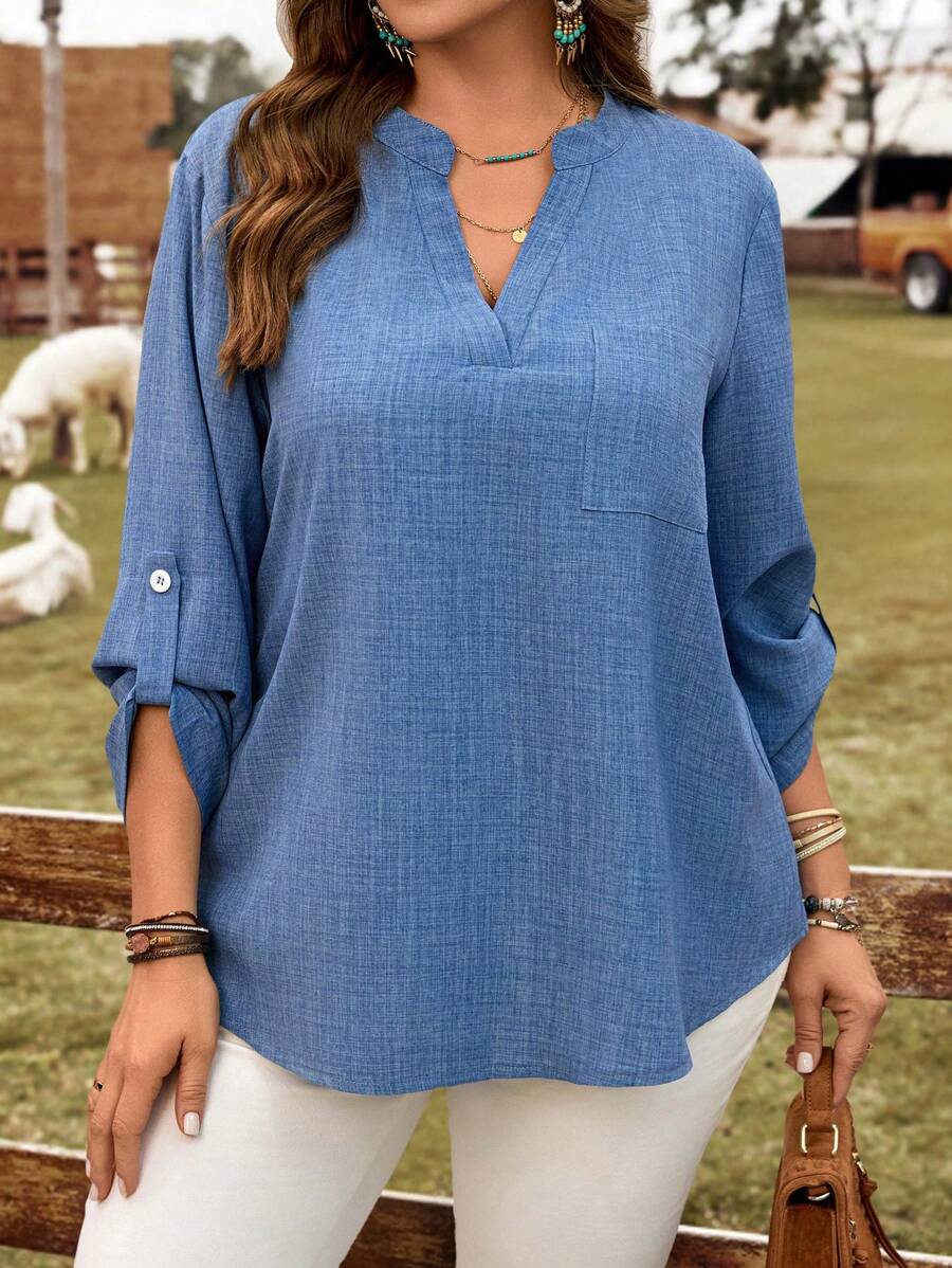 EMERY ROSE Plus Size Women Solid V-Neck Roll Sleeve Blouse,Western Wear Women