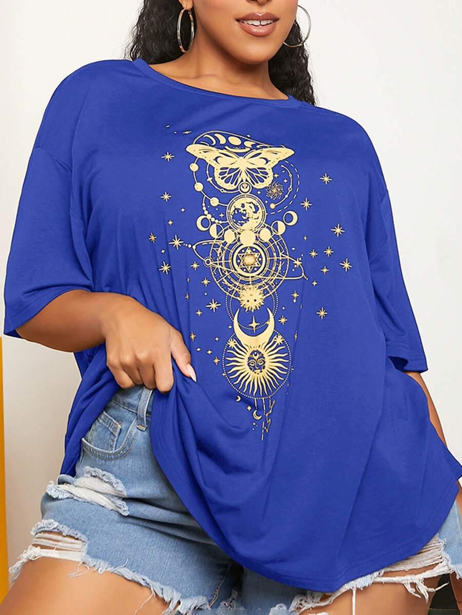 SHEIN CURVE+ Plus Size Round Neck Short Sleeve Printed Simple T-Shirt, Casual Everyday Wear