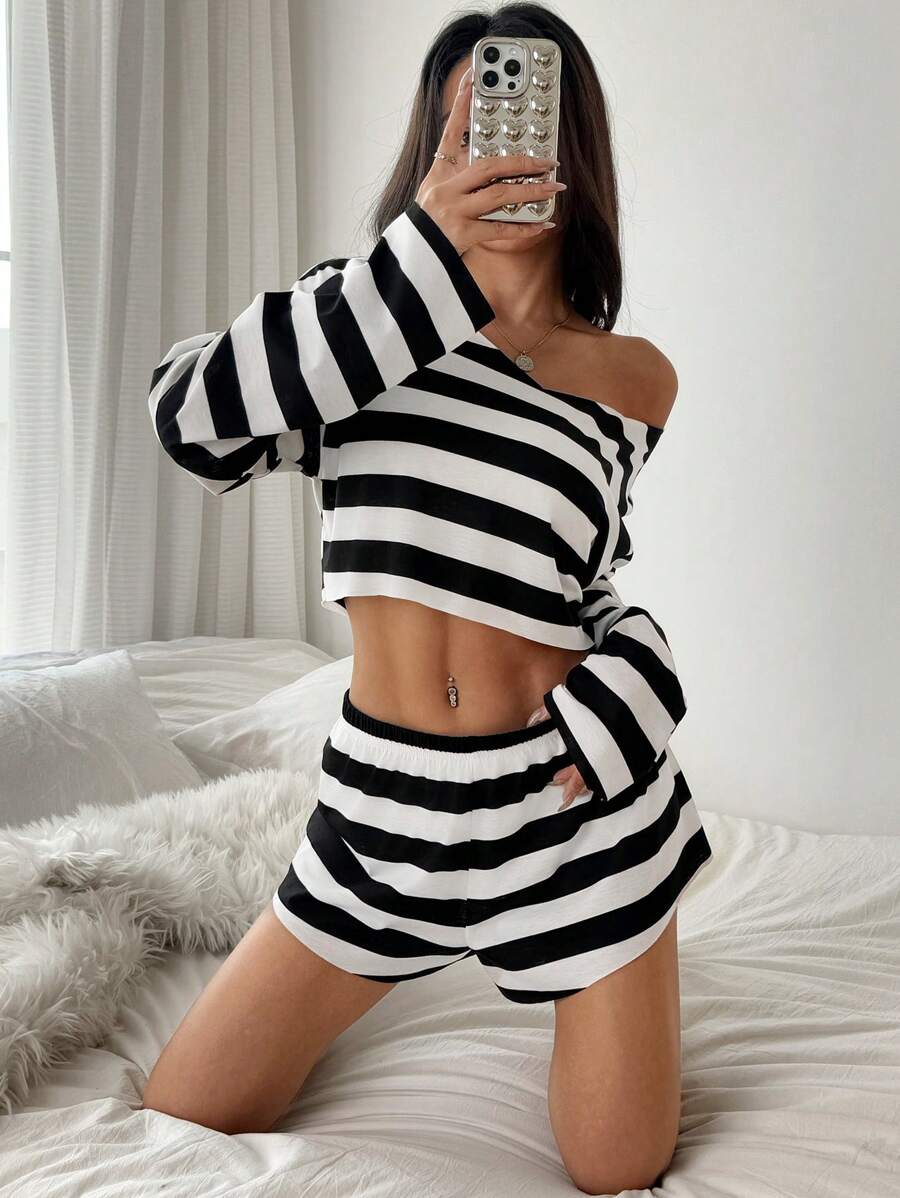 SHEIN EZwear 2-delige damesset met contrasterende strepen en cropped top en shorts