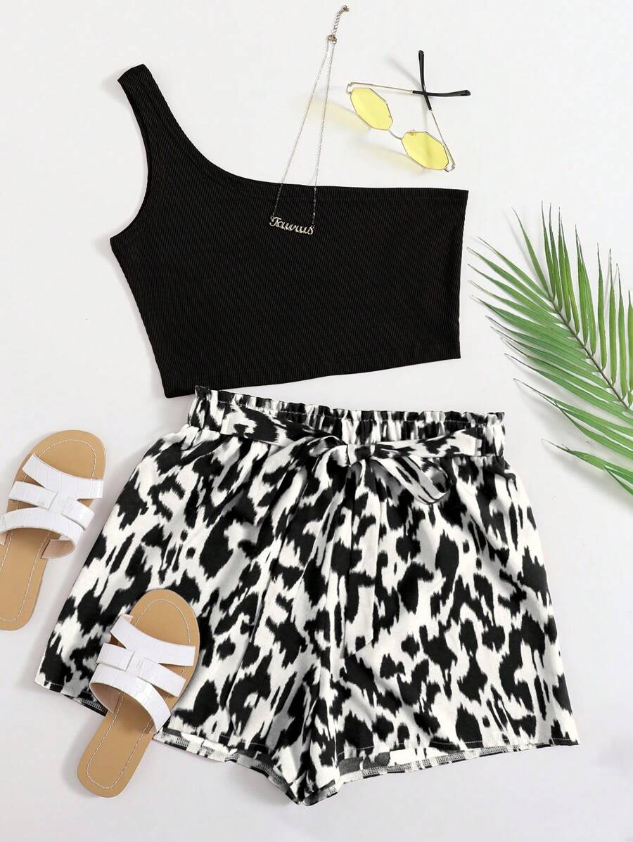 SHEIN VCAY Plus One Shoulder Top & Allover Print Belted Summer Shorts