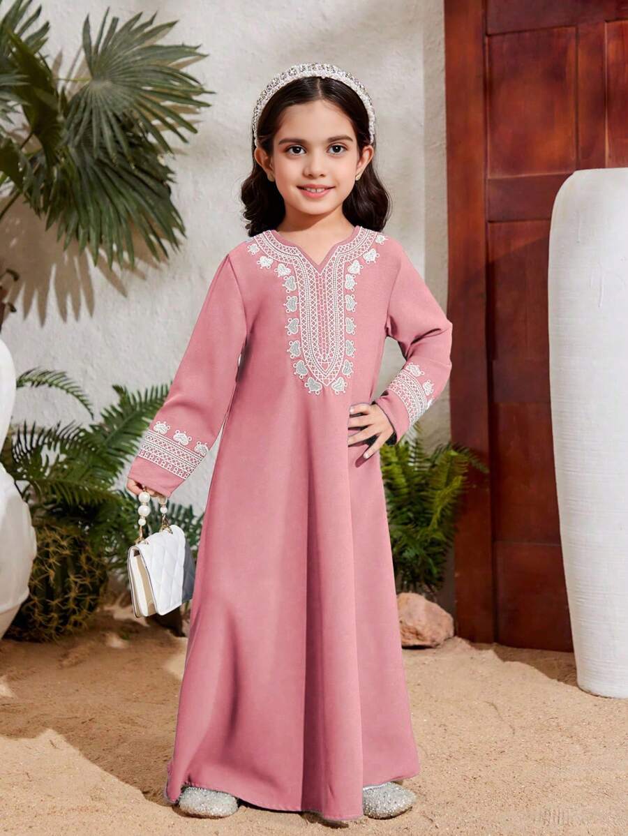 SHEIN Tween Girl Loose Casual V-Neck Long Sleeve Embroidery Dress