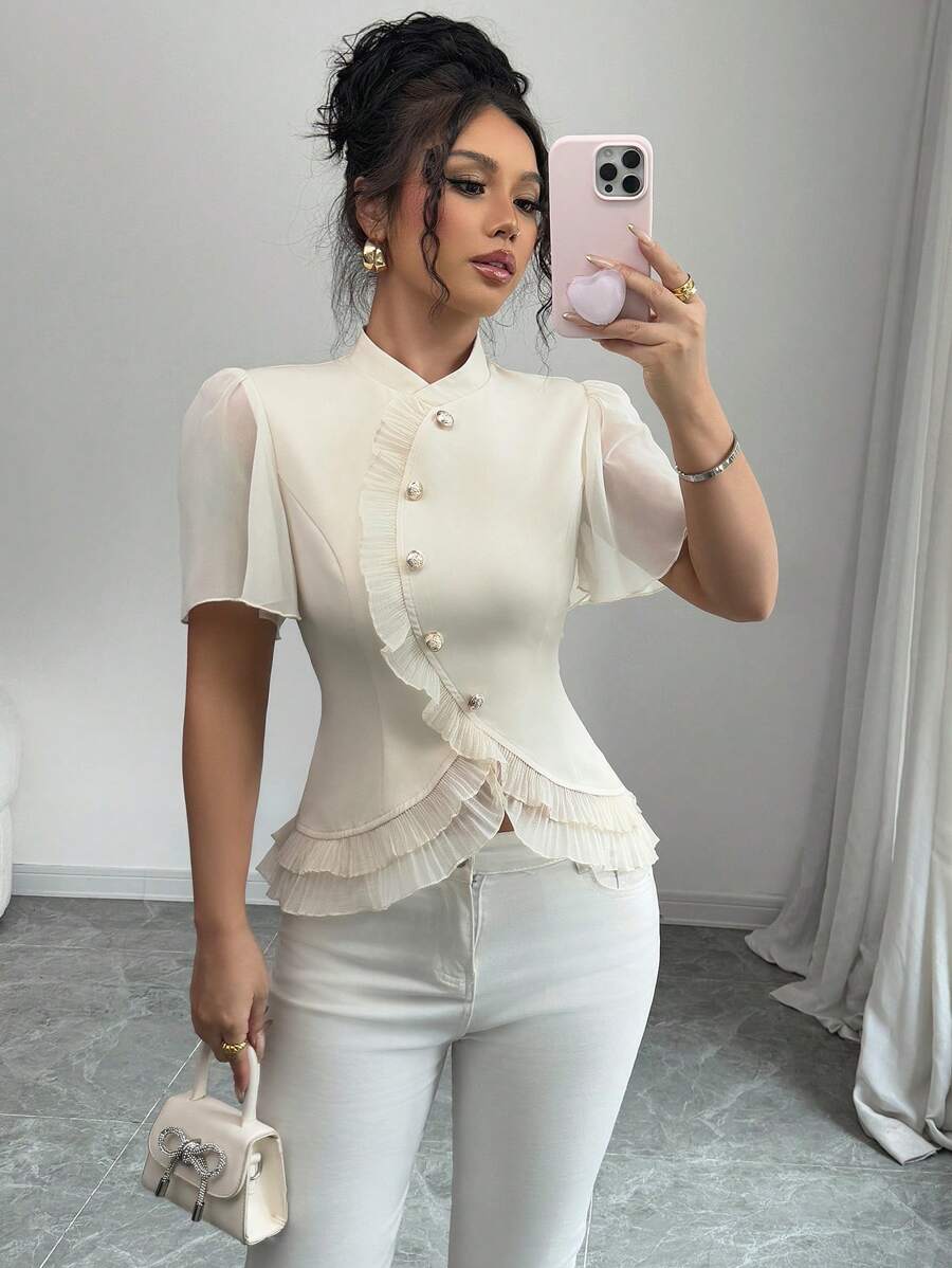 Elenzga Blusa informal de color liso para mujer