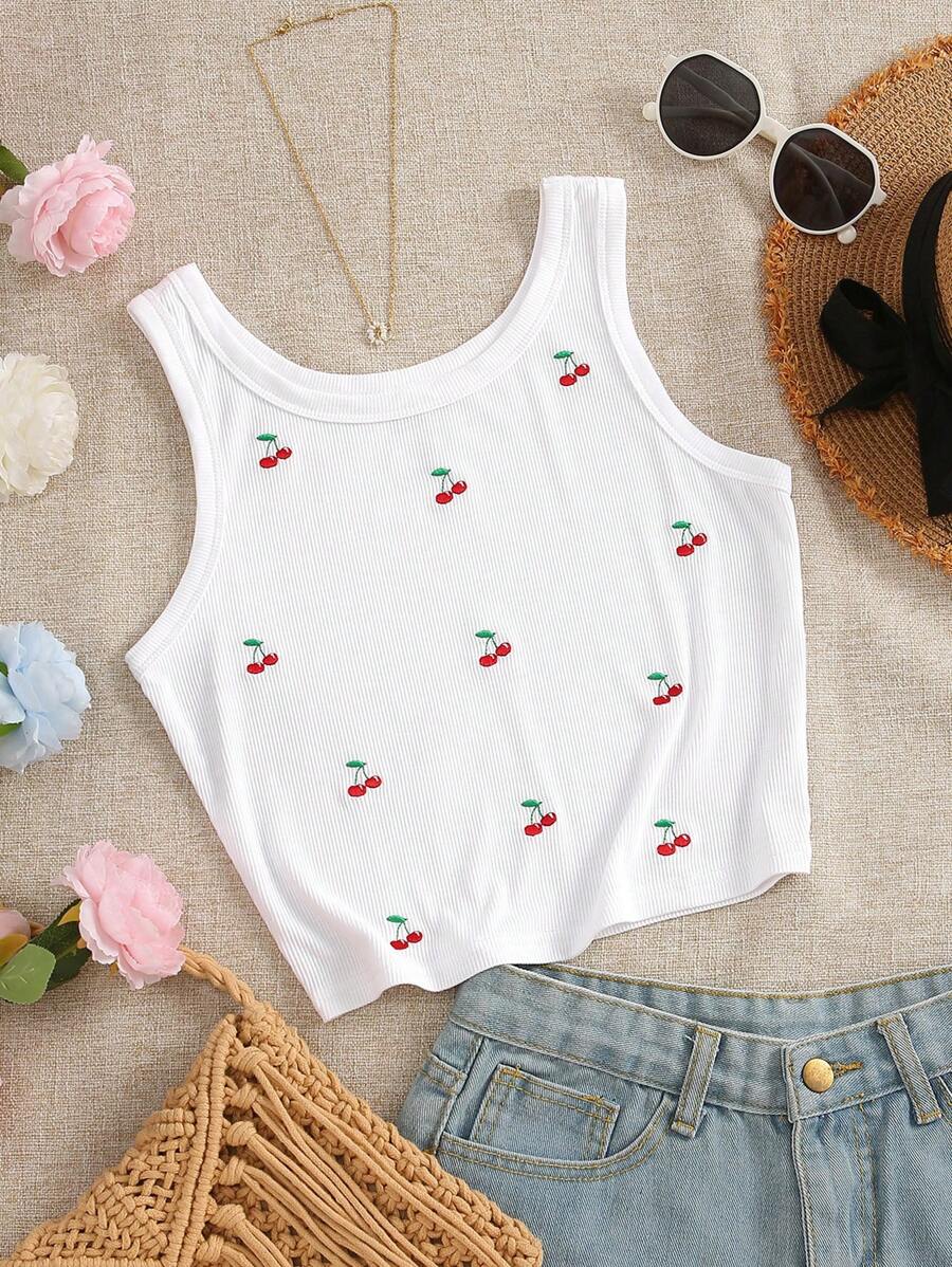 SHEIN Plus Size Women Cherry Embroidered Round Neck Tank Top