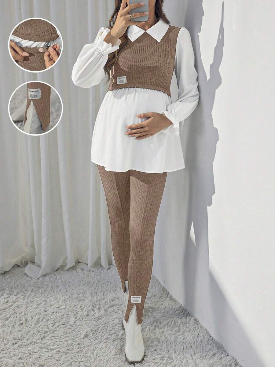 SHEIN Maternity Spring And Summer Clothing New Fashion Casual Stitching Color Block Long-Sleeved Two-Piece Set
