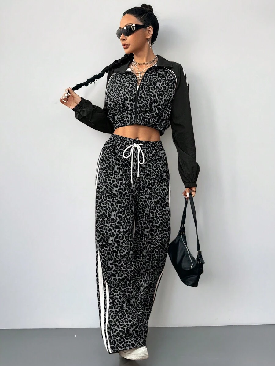 Coolane Conjunto de dos piezas de mujer con chaqueta estilo atlético de mezcla de estampado de leopardo y pantalón ancho de chándal para salir