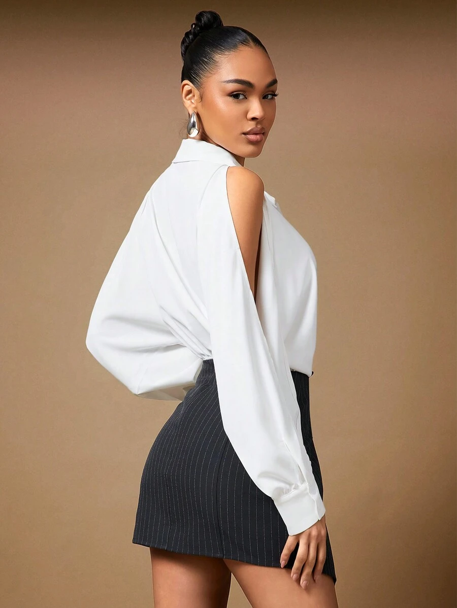 Hauture Summer Women Outfit, Women Clothes, Women's Sophisticated Elegant Fashionable Sexy White Solid Color Hollow-Out Long Sleeve Bodysuit, Women Bodysuits, Women Blouses, Long Sleeve Top, White Top, Old Money, Daily, Office Women Outfits, Business Casual Women, Formal Top