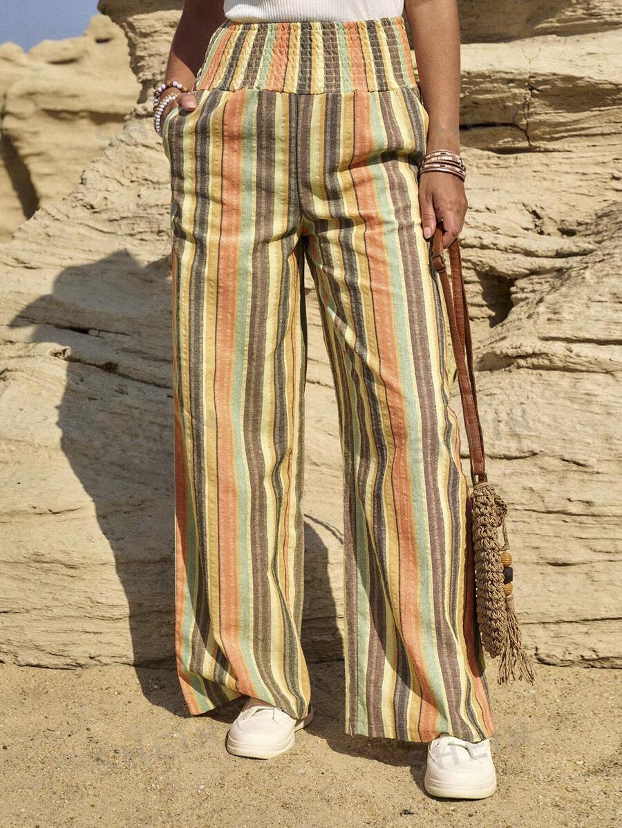 LanaWest Pantalones casuales de vacaciones con cordón para la cintura y rayas de colores del arcoíris, estilo country para festivales de música