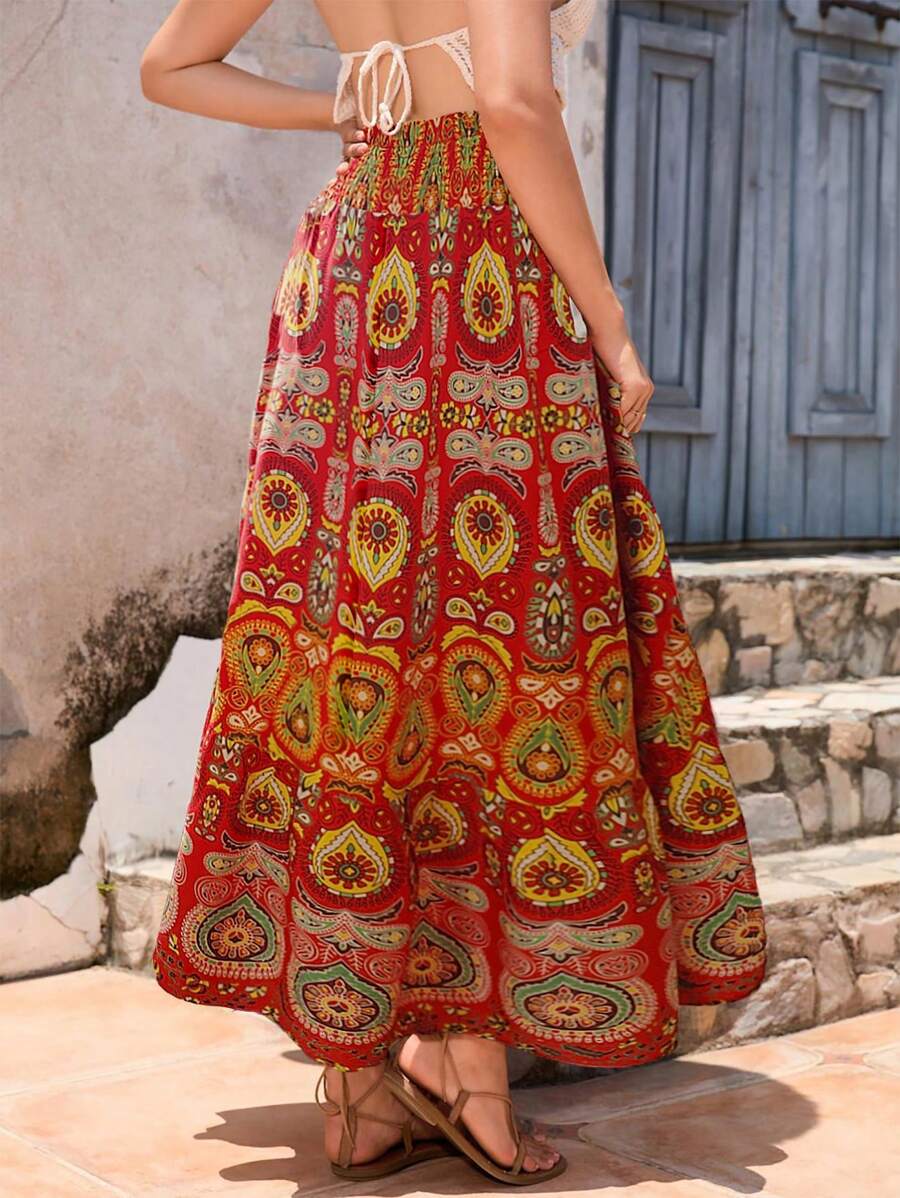 INAWLY Solva Vintage Print Long Skirt, Casual Holiday
