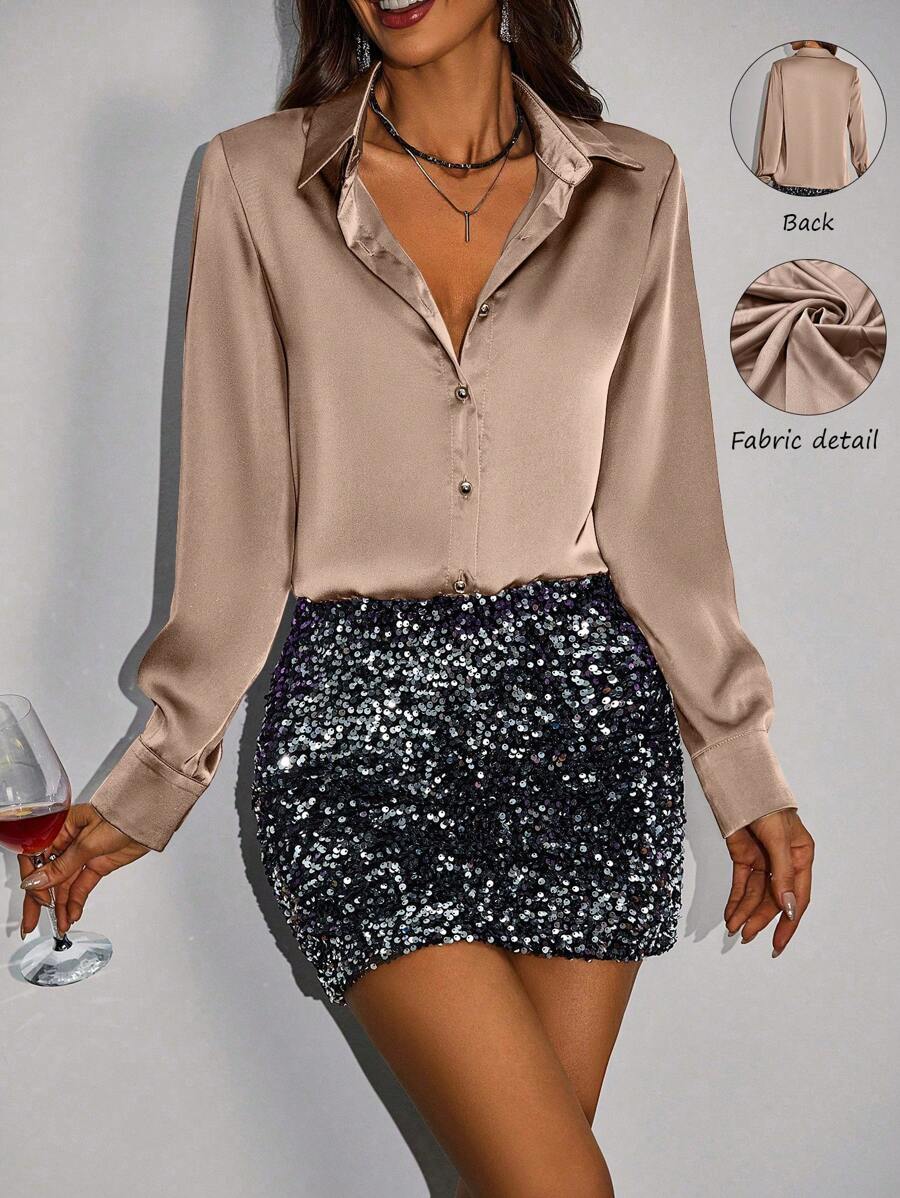 Allurite Women's Satin Long Sleeve Shirt,Ladies Casual,Elegant Button Long Sleeve Collar Regular Fit Regular Khaki Regular Sleeve Shirt Women Blouses,Spring/Fall ,Professional/Business Attire/Workwear