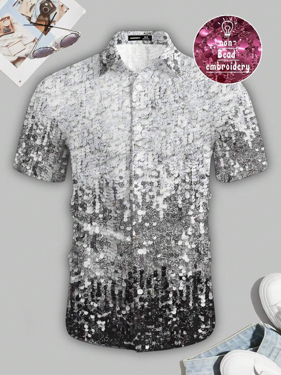 Manfinity AFTRDRK Men's Casual Faux Sequins Print Shiny Shirt