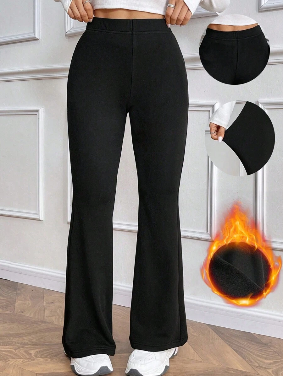 Gloray Women's Casual Everyday Versatile Skinny Thermal Lined High Waist Flare Leg Warm Black Pants, Winter