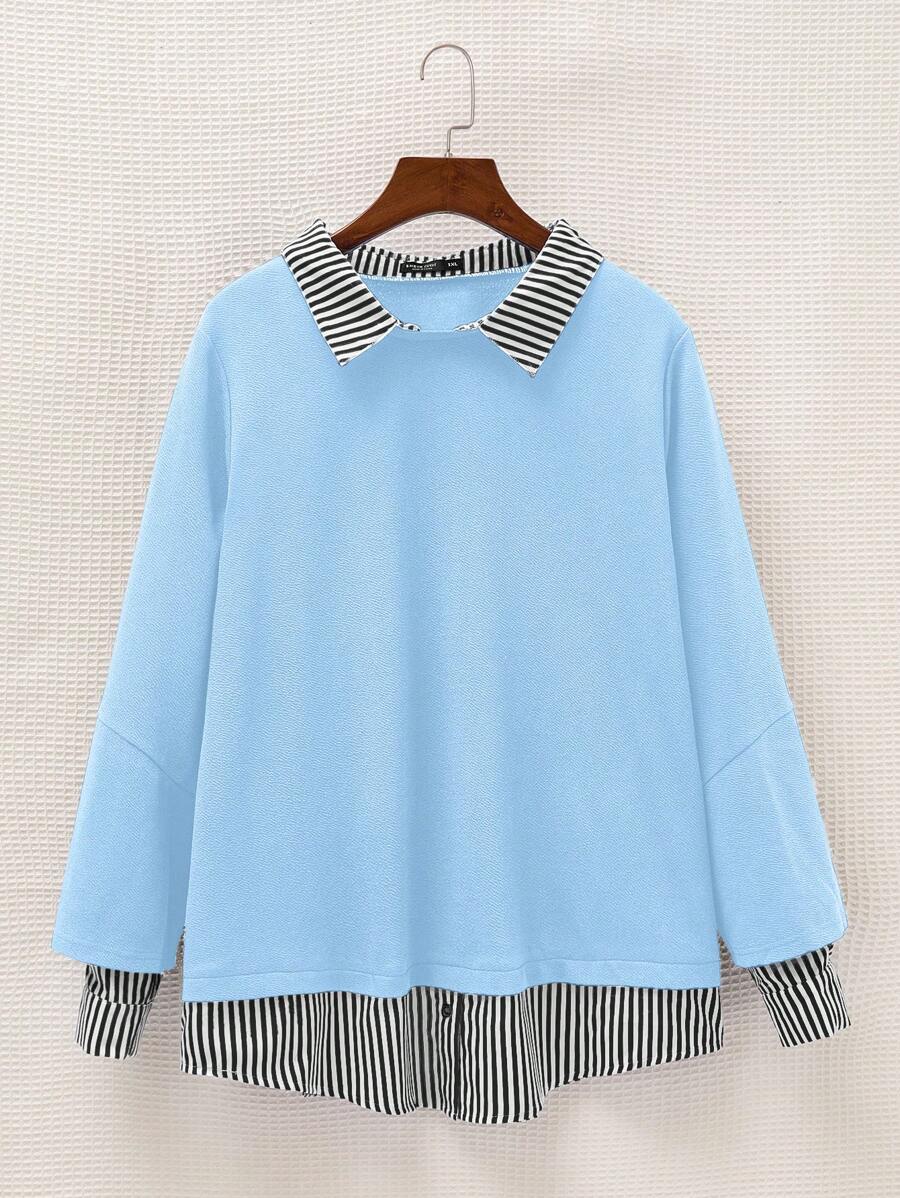 SHEIN EZwear Plus Size Women Striped Patchwork Hoodie, 2-In-1 Design