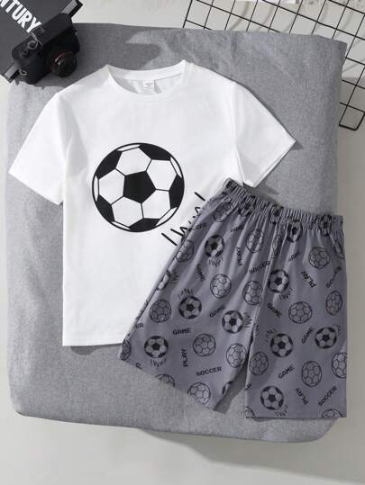 Tween Boy Casual Football Graphic Round Neck Short Sleeve Shorts Loose Pajama Set, 2 Pieces Boys Clothes Sets Boy Clothes Sets Boy Set Clothes Boys Clothes Kids Set Boys Outfit Sets 10