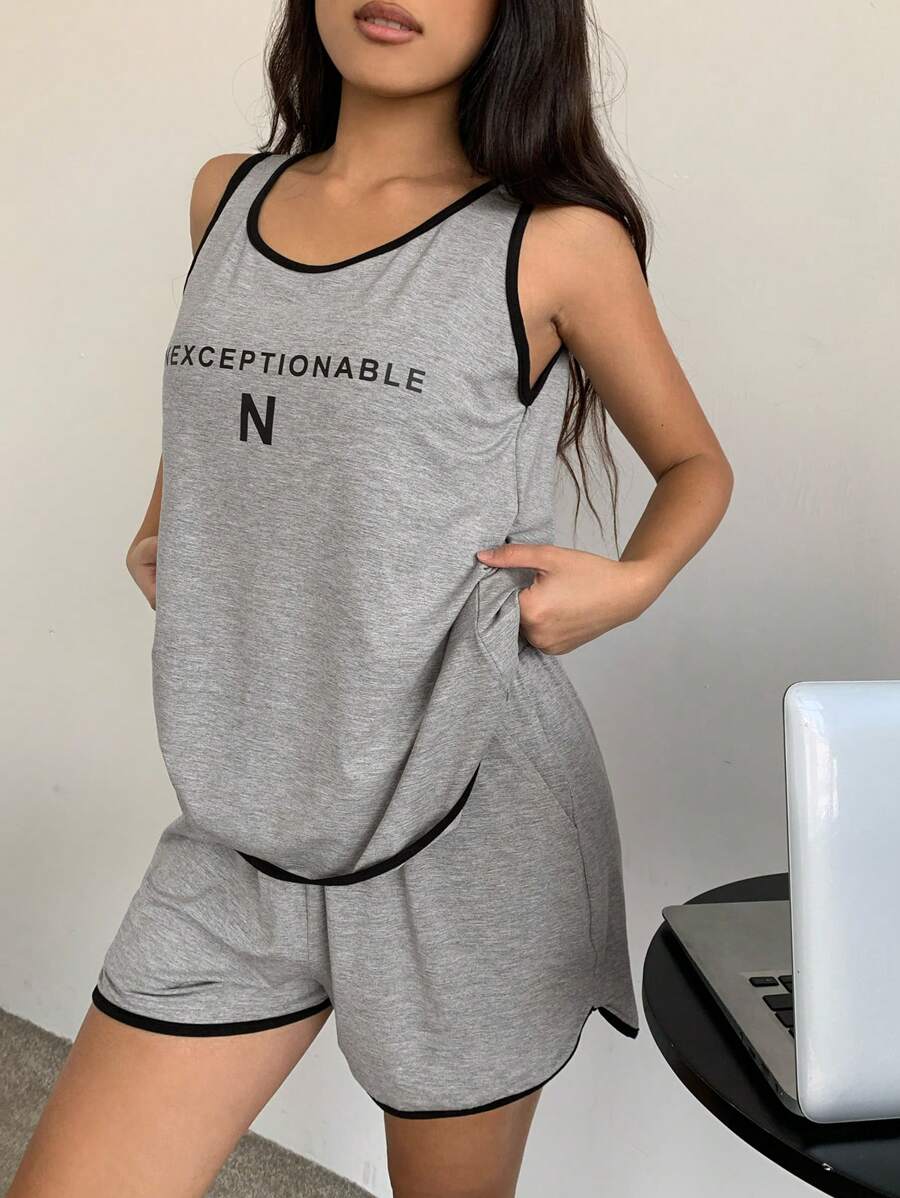 DAZY Set de pijama de 2 piezas para mujer con estampado gráfico y ribete de contraste de color sin mangas