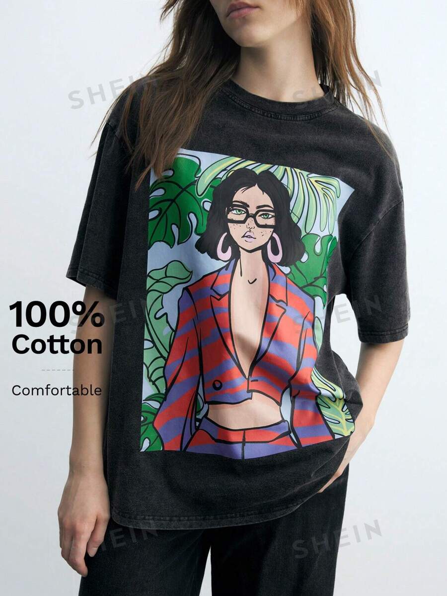 Maija Camiseta casual de cuello redondo de manga corta con gráfico de planta tropical y retrato para mujeres, conjunto de regreso a la escuela, verano