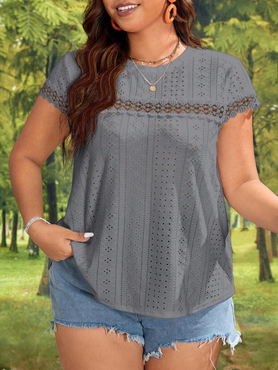 SHEIN VCAY Plus Size Boho Solid Color Round Neck Short Sleeve Ruffle Trim Casual T-Shirt, For Summer