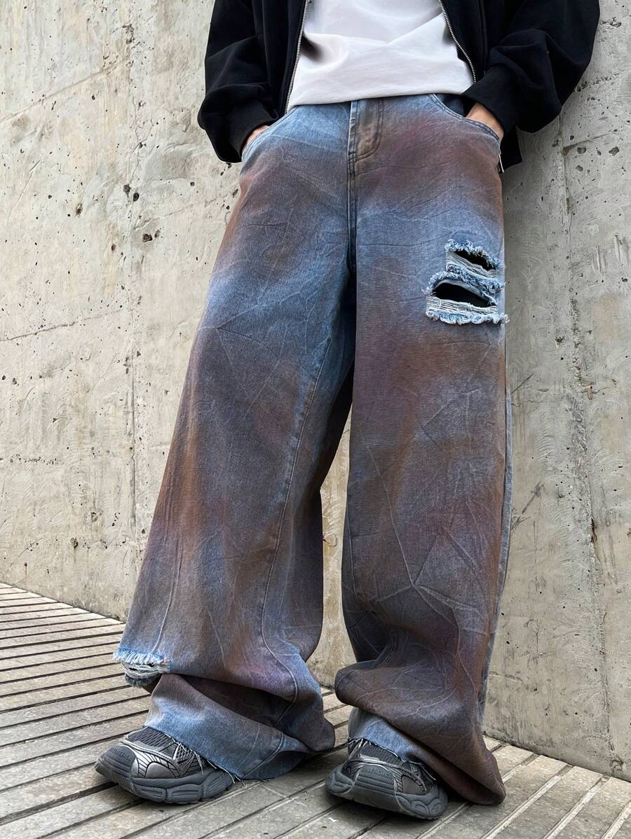 Manfinity EMRG Pantalones vaqueros holgados, anchos y desgastados con bolsillos para hombre