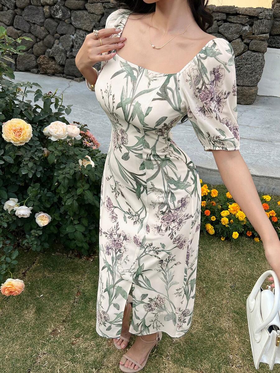 DAZY Women Floral Print Square Collar Puff Sleeve Split Midi Dress