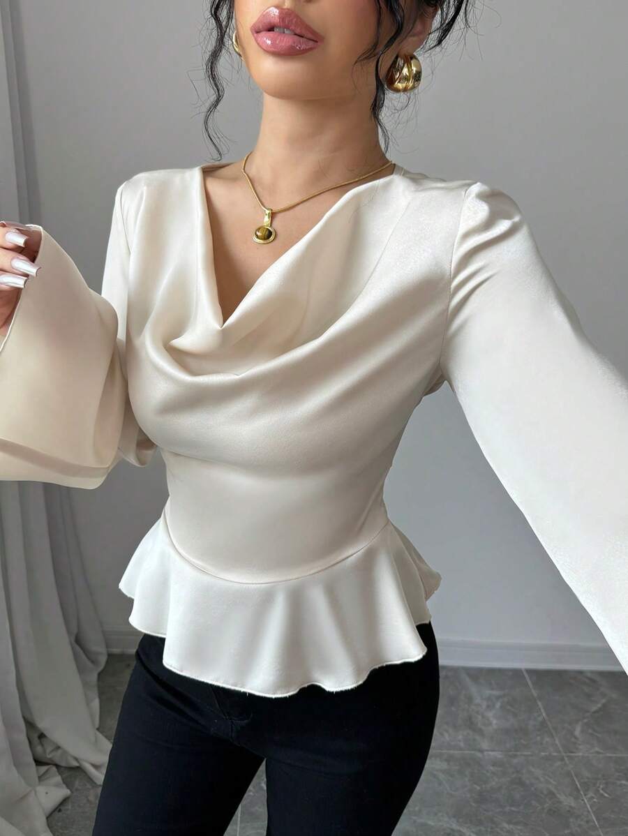 Elenzga Blouse met wijde zoom, geplooide taille en klokmouwen, herfst/winter, tops met lange mouwen