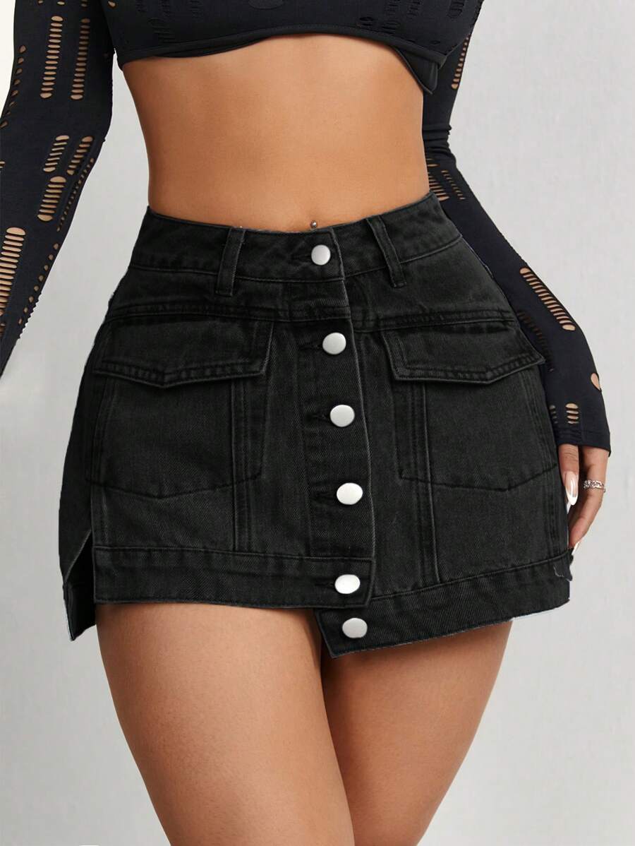 SHEIN PETITE Women's Solid Color Front Button Pocket Simple Casual Denim Shorts