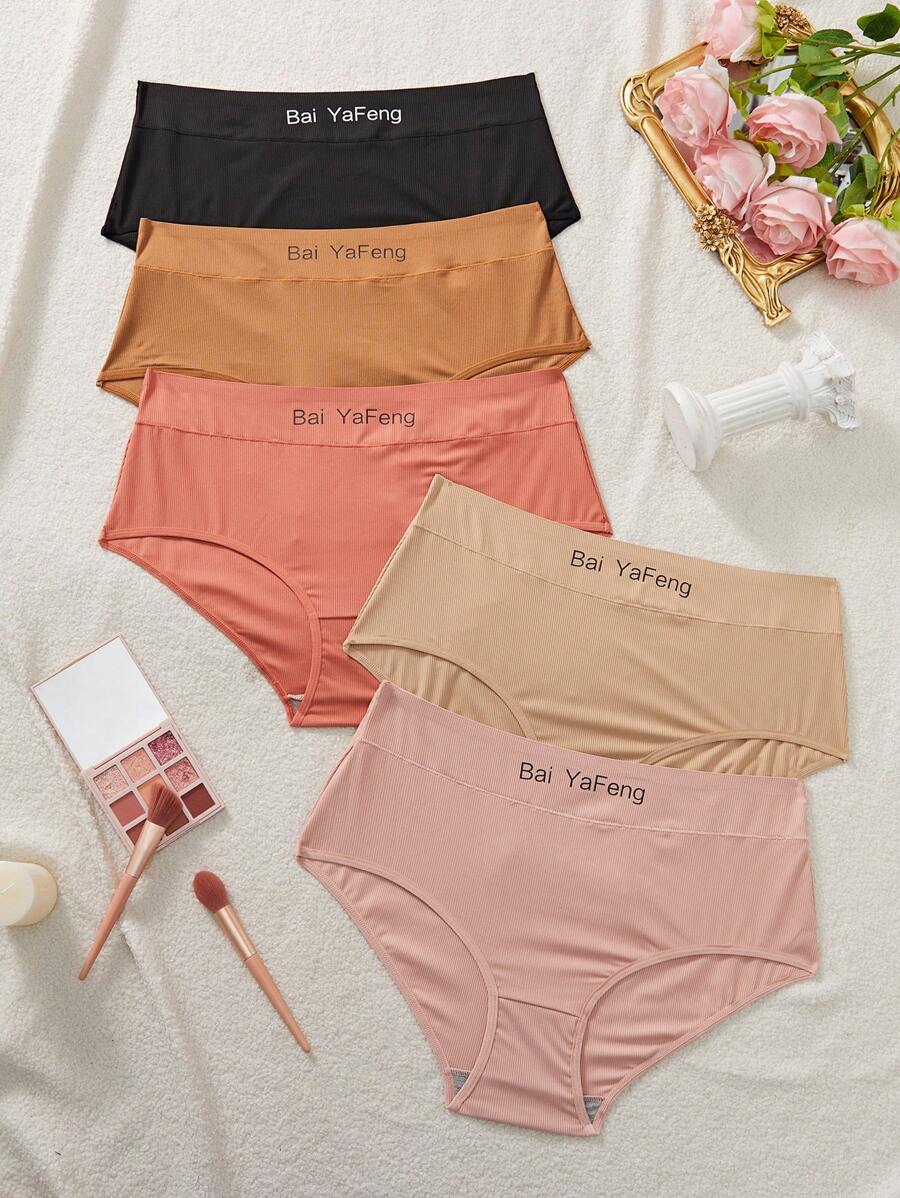 5pcs/Pack Plus Size Letter Print Slim Fit Lingerie Panties, Casual Everyday Wear
