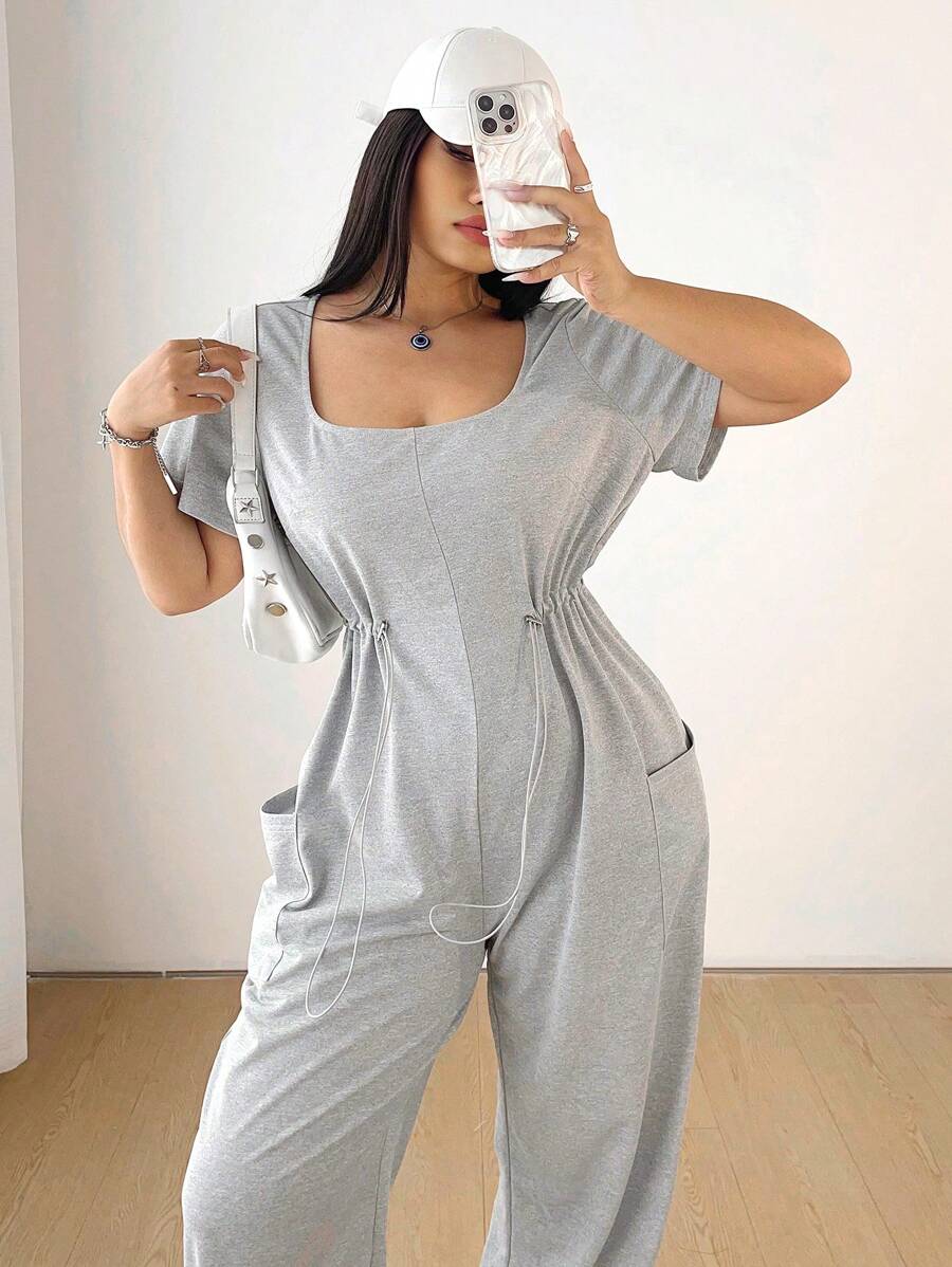 Flirla Plus Size damski sportowy kombinezon z krótkim rękawem i ściągaczem w pasie, z kieszeniami, minimalistyczny design