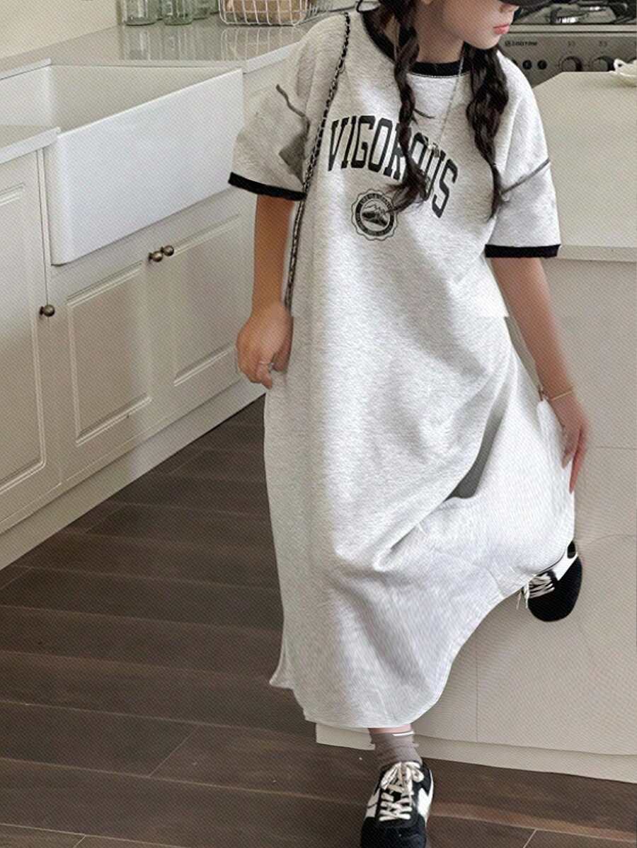 FRIFUL Women's Long Letter Printed Dress With Contrast Trim, Summer Wear Sundress,Casual Women Dresses